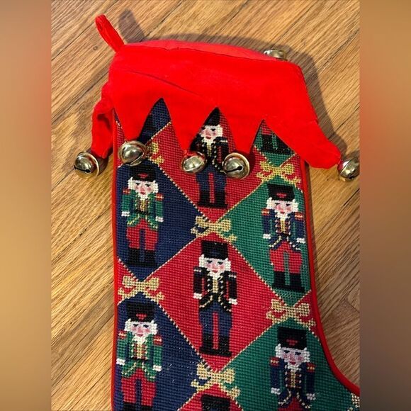 Vintage needlepoint nutcracker stocking with bells - Picture 3 of 11